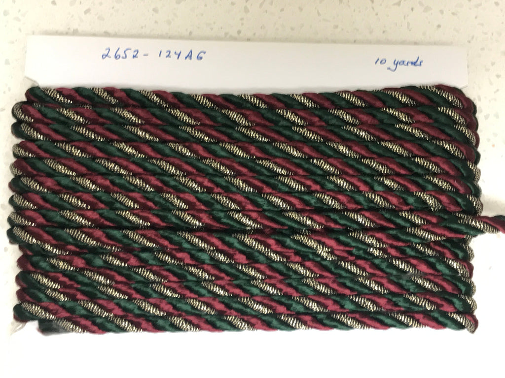 10 Yds Twisted Cord Garnet, Green and Gold 8mm