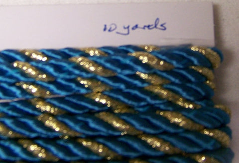 10 Yds Twisted Cord Turquoise and Gold 8mm Trim Braided Twisted Embellishment