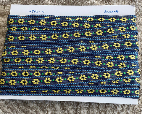 5/8 " Jacquard Trim  Blue w Yellow Flower
