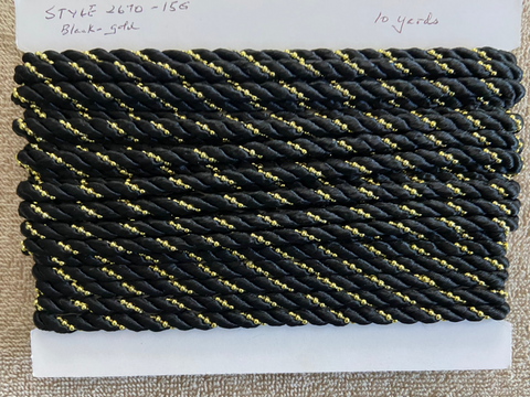 10 Yds Twisted Cord Black and Gold 8mm Trim Braided
