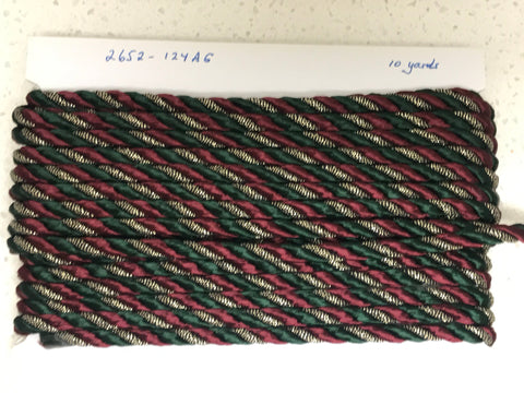 10 Yds Twisted Cord Garnet, Green and Gold 8mm